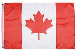 Detail of Canadian flag showing polyester fabric texture and metal grommets for hanging