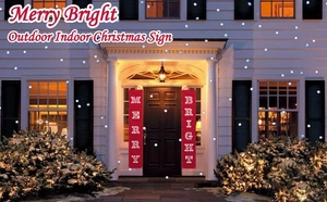 Outdoor Christmas porch banners featuring Merry Bright text on a festive snowy house front