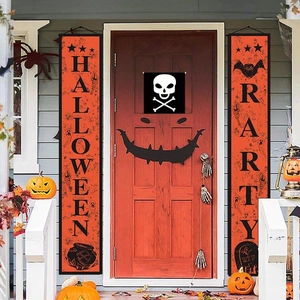Halloween porch banner set with orange Halloween and Party signs and door decor