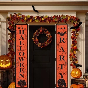 Halloween Porch Banner set with orange background and classic spooky party elements