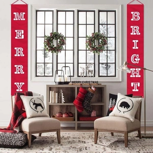 Festive red Merry Bright vertical Christmas door banners for indoor holiday home decoration
