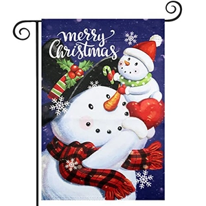 Double-sided linen garden flag with Merry Christmas snowmen and black metal hanger stand