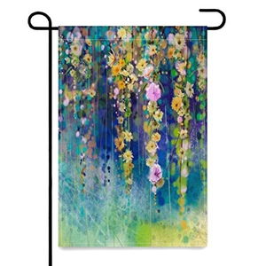 Close-up of double-sided linen garden flag with floral abstract art and metal hanger