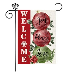 Christmas garden flag with metal stand featuring Welcome Joy Peace Love festive designs