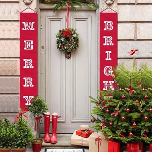 Close-up of Merry and Bright Christmas door banners made of durable red polyester fabric