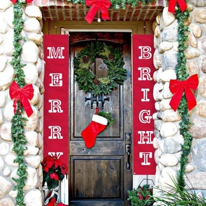 Vibrant red Merry and Bright Christmas door banners with white letters on wood entry