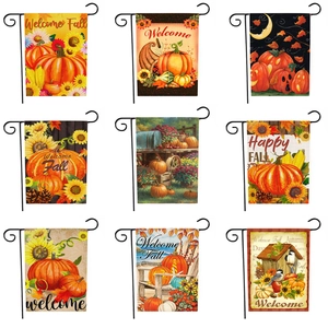 Set of 9 double-sided fall garden flags with pumpkin and sunflower designs and metal hangers