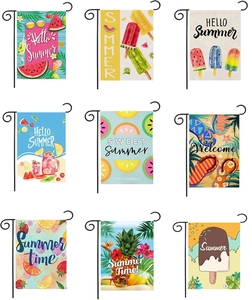 Close-up of double-sided summer garden flags with seasonal fruit patterns and metal stand