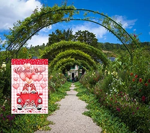 Detail of Valentine's Day double-sided garden flag with gnome design and metal holder