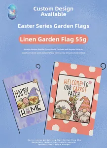 Close-up of Easter garden flag with gnome and egg designs on premium linen texture