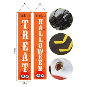 Halloween Trick or Treat orange door banners with cartoon skeleton and bats, 180x30cm