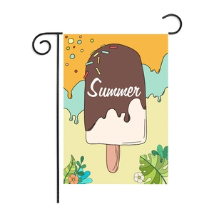Double-sided summer garden flag with ice cream design and black metal hanging stand