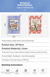 Detailed spec sheet for double-sided linen Easter garden flag showing 30x45cm dimensions