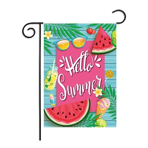 Detail of Hello Summer garden flag with watermelon and lemon print on linen