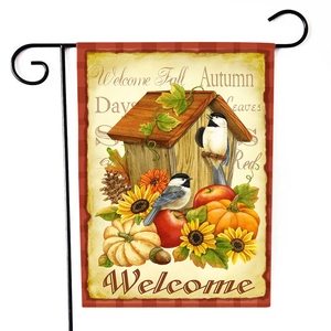Double-sided fall garden flag with pumpkin sunflower and birdcage for seasonal yard decor