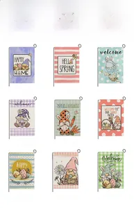 Detail view of nine Easter garden flag designs featuring rabbits and spring flowers