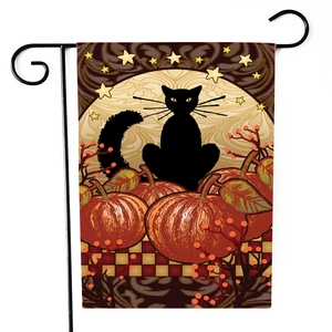Detail of Halloween garden flag with black cat and pumpkin on black metal hook stand