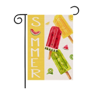 Detail view of double-sided linen summer garden flag with popsicles and fruit prints