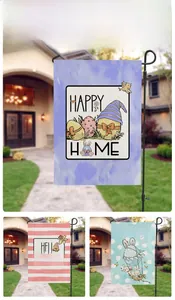 Detailed close-up showing textured linen Easter garden flags with colorful spring patterns
