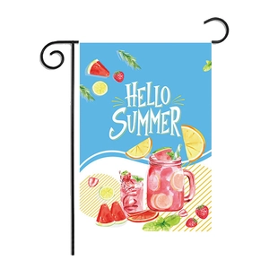 Detailed view of Hello Summer garden flag with fruit prints and black metal flag stand