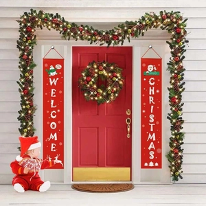 Close-up of Welcome Christmas porch banners with snowman and reindeer on red fabric