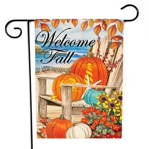Detailed view of Welcome Fall garden flag with pumpkins and black metal L-shaped stand