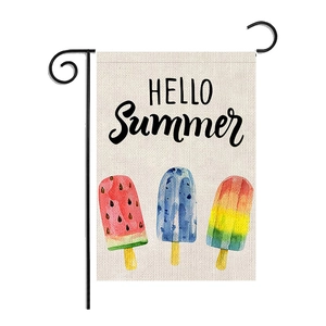 Close-up of linen garden flag with 'HELLO Summer' text and colorful popsicle graphics