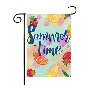 Detail of Summer Time garden flag featuring fruit prints with a black metal holder stand