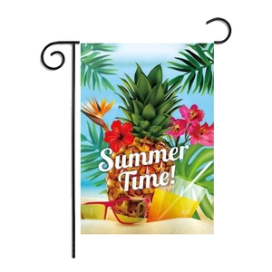 Summer Time garden flag with pineapple and hibiscus print on a black metal holder