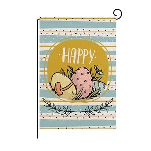 Easter garden flag with floral egg design and Happy text on linen fabric and metal hanger