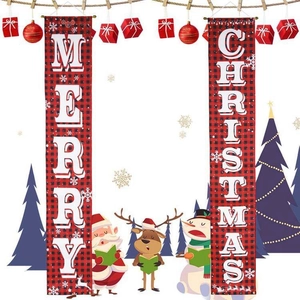 Detail of Merry Christmas porch banners with red and black buffalo check and festive motifs