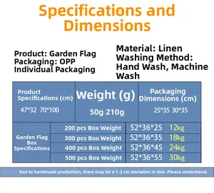 Size chart for linen garden flags detailing dimensions, weights and laundry instructions