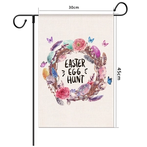 Easter Egg Hunt garden flag detail showing floral wreath and egg print on linen fabric