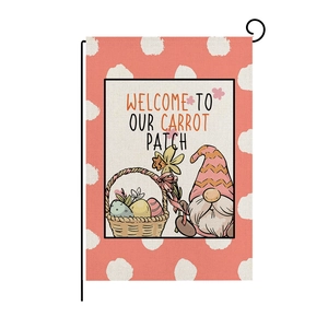 Easter garden gnome flag with carrot patch design on orange polka dot background