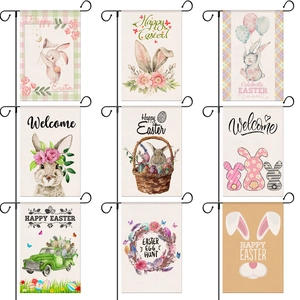 Set of 9 Easter garden flags featuring linen prints of bunnies and festive eggs