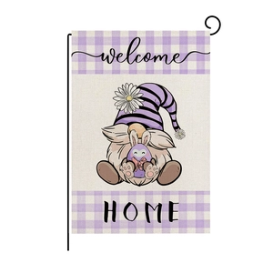 Easter garden flag with gnome and welcome home text on a decorative metal stand