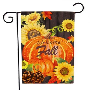 Detailed garden flag with 'Welcome Fall' text, pumpkins, sunflowers and maple leaves