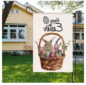 Outdoor linen garden flag featuring a realistic bunny and eggs with Happy Easter text