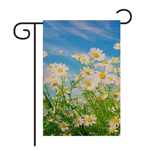 Detailed digital print of daisy flowers on linen garden flag with black L-shaped hanger stand