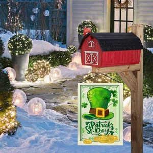 Double-sided St. Patrick's Day garden flag with green hat and gold coins on snow background