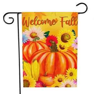 Detailed texture of Welcome Fall garden flag with pumpkin and sunflower on burlap