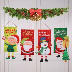 Merry Christmas Hanging Banner Decoration For Home Front Door Wall Hanging Sign Santa Claus Snowman Elf Reindeer Party Decor