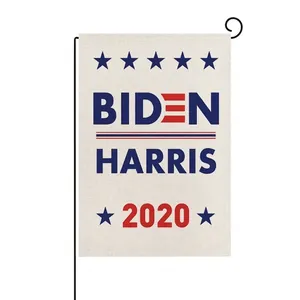 Biden Harris 2020 garden flag with linen texture and stars on a black metal holder