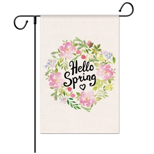 Durable linen garden flag with Hello Spring floral design on black metal stand