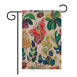 Double-sided floral garden flag with red butterfly and greenery on linen fabric