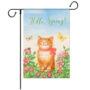 Garden flag with cat and spring flowers pattern, includes sturdy black metal L-bracket