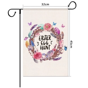 Easter Egg Hunt linen garden flag with colorful floral wreath and metal stand 32x45cm