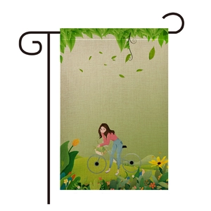 Floral garden flag with a woman on a bicycle design including a black metal hanger