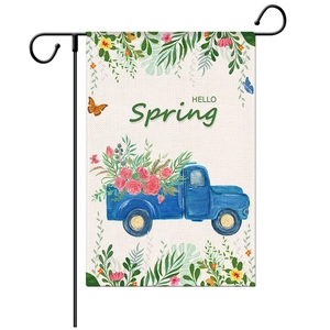 Linen garden flag with vintage blue truck and pink flowers with Hello Spring text