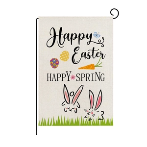 Easter garden flag with bunny, eggs and carrots on linen fabric with a metal stand